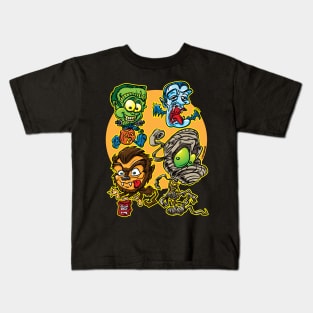 Spooky Gang with Frankenstein, Dracula, Wolfman and Mummy Kids T-Shirt